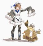  1boy 1girl android chouhou_kyokuin grey_background highres lila_(xenoblade) maid nopon orange_eyes oversized_clothes simple_background sketch sleeves_past_wrists tatazo_(xenoblade) xenoblade_chronicles_(series) xenoblade_chronicles_2 