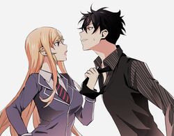  1boy 1girl black_hair black_neckwear black_vest blonde_hair breasts collared_shirt commentary_request diagonal-striped_neckwear diagonal_stripes eye_contact grey_background hand_up jacket large_breasts long_hair long_sleeves looking_at_another loose_necktie nakiri_asahi nakiri_erina necktie necktie_grab neckwear_grab open_mouth purple_jacket red_neckwear school_uniform shirt shokugeki_no_souma short_hair simple_background striped striped_neckwear striped_shirt sweatdrop tootsuki_saryou_ryouri_gakuen_uniform two-tone_neckwear uiui_(hage04195) upper_body vertical-striped_shirt vertical_stripes vest violet_eyes white_shirt wing_collar 