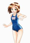  1girl breasts commentary_request hidaka_medaka highres looking_at_viewer name_tag open_mouth original school_swimsuit simple_background small_breasts solo standing swimsuit 