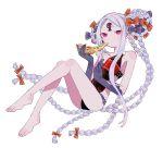  1girl abigail_williams_(fate/grand_order) abigail_williams_(swimsuit_foreigner)_(fate) artist_request bangs bare_shoulders bikini black_bikini black_bow blush bow breasts collarbone double_bun eating fate/grand_order fate_(series) feet food forehead highres keyhole legs long_hair looking_at_viewer multiple_bows orange_bow parted_bangs pizza sidelocks simple_background small_breasts soda_bottle swimsuit third_eye very_long_hair violet_eyes white_background white_hair white_skin 