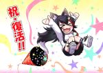  &gt;_&lt; 1girl :3 :d animal_ears arms_up black_hair chibi hair_ornament hairclip highlights hololive kagelantern knees_together_feet_apart long_hair long_sleeves midair multicolored_hair ookami_mio open_mouth party_popper redhead shoes shorts smile sneakers socks solo star_(symbol) streamers tail very_long_hair wolf_ears wolf_girl wolf_tail xd 