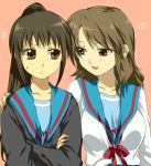  brown_hair cardigan genderswap kayou_(artist) koizumi_itsuki koizumi_itsuki_(female) kyon kyonko lowres school_uniform suzumiya_haruhi_no_yuuutsu 