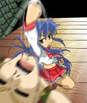  blue_hair crossover green_eyes guile highres izumi_konata kakki_(pixiv4742) kakkii lucky_star midriff punch punching school_uniform serafuku shoryuken street_fighter uppercut 