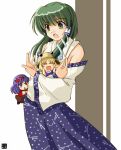 detached_sleeves green_hair hana_(artist) hana_(hana_mo_arashi_mo) japanese_clothes kochiya_sanae miko purple_hair skirt touhou yasaka_kanako