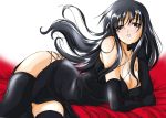  ayakaze_ryuushou bangs bare_shoulders bed black_eyes black_gloves black_hair black_legwear breasts chin_rest cleavage dress elbow_gloves formal gloves large_breasts long_hair lying on_side shiny shiny_hair side_slit solo thigh-highs thighhighs zettai_ryouiki 