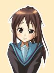  brown_eyes brown_hair hiro_kazuki kyonko lowres ponytail school_uniform serafuku smile suzumiya_haruhi_no_yuuutsu 