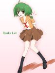  arms_behind_back green_hair legs macross macross_frontier niwatori_kokezou ranka_lee red_eyes school_uniform 