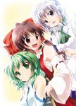  bad_id blue_eyes blush cover detached_sleeves frog green_eyes green_hair hakurei_reimu izayoi_sakuya japanese_clothes kochiya_sanae long_hair maid miko multiple_girls red_eyes short_hair silver_hair sorairo_porin touhou 