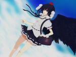  bag black_hair black_wings flying harano hat shameimaru_aya short_hair touhou wings 