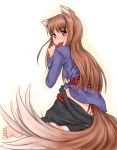  barefoot brown_hair eating holo long_hair mouth_hold red_eyes scharfschutze spice_and_wolf tail 