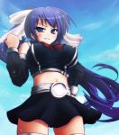  blush breasts clenched_hand crop_top detached_sleeves grin hair_ribbon large_breasts long_hair midriff ponytail quiz_magic_academy ribbon scarlet_(studioscr) school_uniform skirt sky smile solo thighhighs very_long_hair yuri_(quiz_magic_academy) zettai_ryouiki 