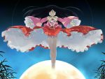 black_hair closed_eyes floating full_moon houraisan_kaguya japanese_clothes jeweled_branch_of_hourai long_hair long_skirt moon red_skirt skirt touhou very_long_skirt wind_lift