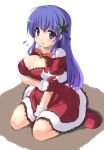  blue_eyes blue_hair breast_squeeze breasts christmas cleavage fhara gloves kanitama large_breasts long_hair pangya santa_costume 