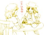  cup egawa_satsuki hands_clasped hat maribel_han maribel_hearn monochrome necktie satsuki_(dorowa) saucer sitting table teacup teapot touhou translated usami_renko writing yellow 