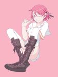  boots kamisama_kazoku kamiyama_tenko pink pink_background pink_hair redhead skirt tenko thigh-highs thighhighs wink yasuda_suzuhito zettai_ryouiki 