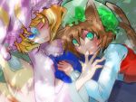  blonde_hair blue_hair brown_hair cat_tail chen earrings fox_tail green_eyes hat jewelry multiple_girls multiple_tails narumi narumi_(momo27) short_hair tail touhou yakumo_ran 