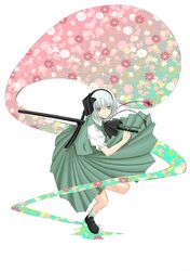  green_eyes hairband headband hitodama konpaku_youmu konpaku_youmu_(ghost) myon nabeshima_tetsuhiro ready_to_draw sheath sheathed silver_hair socks sword touhou weapon 