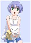  air bad_id bare_shoulders blue_hair bob_cut collarbone dress green_eyes kirishima_kano open_mouth potato_(air) short_hair shorts simple_background smile solo yamano_sachi 