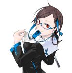  brown_hair earphones glasses hair_ornament hairpin headphones mouth_hold papers red_eyes ribbon ribbons yasuda_suzuhito 