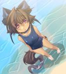  beach bow brown_hair cat_ears cocoa_(toba) collar one-piece_swimsuit original red_eyes sand school_swimsuit swimsuit tail water 