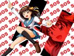  badge brown_hair hair_ribbon hair_ribbons hairband pointed_finger pointing ribbon ribbons school_uniform serafuku short_hair solo suzumiya_haruhi suzumiya_haruhi_no_yuuutsu wallpaper watermark zoom_layer 