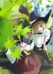  blonde_hair broom broom_riding hakurei_reimu hat hitsuji kirisame_marisa takanashi_akihito touhou witch_hat yellow_eyes 