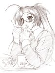  akimoto_dai brown eating female food glasses hair_ornament hairclip long_hair monochrome ponytail sketch 