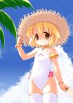  fhara flat_chest hat kanitama one-piece_swimsuit palm_tree palm_trees short_hair swimsuit thigh-highs thighhighs tree 
