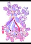  cherry_blossoms hat japanese_clothes kimono letterboxed nabeshima_tetsuhiro outstretched_arms pink_eyes pink_hair saigyouji_yuyuko short_hair tongue touhou zombie_pose 