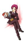  bazette_fraga_mcremitz caloriemate fate/hollow_ataraxia fate/stay_night fate_(series) food formal magazine mouth_hold pant_suit purple_hair reading short_hair suit 