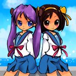  back-to-back back_to_back blue_eyes brown_eyes brown_hair cosplay crossover hairband hiiragi_kagami lucky_star multiple_girls okera purple_hair school_uniform serafuku suzumiya_haruhi suzumiya_haruhi_no_yuuutsu twintails 