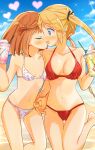  2girls bangs barefoot beach bikini black_ribbon blonde_hair blue_eyes blue_sky blush bob_cut breasts brown_hair closed_eyes closed_mouth clouds cloudy_sky commentary cup day disposable_cup drink facing_another floral_print hair_ornament hair_ribbon hairclip halterneck heart highres holding holding_cup holding_hands horizon interlocked_fingers kiss leg_up long_hair looking_at_another medium_breasts multiple_girls navel open_mouth original outdoors print_bikini red_bikini ribbon short_hair sky small_breasts smile sparkle standing standing_on_one_leg string_bikini sweatdrop swimsuit tachi_(gutsutoma) thigh_gap twintails yuri 
