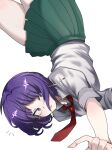  1girl bare_legs boku_no_hero_academia chizodazou green_skirt highres jirou_kyouka looking_to_the_side necktie pleated_skirt purple_hair red_tie school_uniform shirt short_hair simple_background skirt solo upside-down violet_eyes white_background white_shirt 