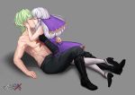  1boy 1girl aecrux byleth_(fire_emblem) byleth_eisner_(male) closed_eyes commission dress fire_emblem fire_emblem:_three_houses from_side green_hair grey_background hair_ornament high_heels highres jewelry kiss long_hair lysithea_von_ordelia ring scar shirtless short_hair simple_background white_hair white_legwear 