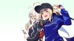  2girls absurdres ahoge artoria_pendragon_(all) baseball_cap black-framed_eyewear blonde_hair blue_eyes blue_jacket blue_scarf blush braid eyebrows_visible_through_hair fate/grand_order fate_(series) glasses hair_between_eyes hat highres holding jacket long_hair looking_at_viewer multiple_girls mysterious_heroine_x mysterious_heroine_x_(alter) open_mouth scarf smile suppa_(hagakuresuppa) yellow_eyes 