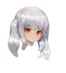  1girl bangs brown_eyes closed_mouth copyright_request dokomon eyebrows_behind_hair head highres long_hair looking_at_viewer sidelocks silver_hair simple_background solo twintails white_background 