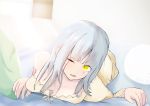 1girl bed blue_hair blush breasts eyebrows_visible_through_hair girls_frontline green_eyes hair_between_eyes highres hk416_(girls_frontline) long_hair looking_at_viewer lying nightgown one_eye_closed open_mouth pillow simple_background solo solokitsune