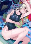  1girl absurdres ahoge artoria_pendragon_(all) beach black_swimsuit braid braided_bun competition_swimsuit crown_braid fate/grand_order fate_(series) glasses hair_bun highres huge_filesize long_hair looking_at_viewer mysterious_heroine_x_(alter) one-piece_swimsuit platinum_blonde_hair solo suppa_(hagakuresuppa) swimsuit wet yellow_eyes 