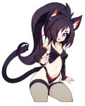  1girl animal_ears black_hair breasts cat_ears cat_tail detached_sleeves fishnet_legwear fishnets hair_over_one_eye highres long_hair open_mouth original ponytail simple_background slugbox small_breasts smile solo tail thigh-highs violet_eyes white_background 