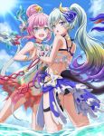 2girls :d armpits ass asymmetrical_horns bare_shoulders bikini black_bikini black_tail blue_eyes blue_hair blue_sky blush bright_pupils commentary day fang gradient_hair hair_bun highres holding_hands honkai_(series) honkai_impact_3rd horns liliya_olenyeva long_hair looking_at_viewer multicolored_hair multiple_girls open_mouth outdoors pink_hair ponnyu12 purple_hair rozaliya_olenyeva sarong see-through siblings single_horn skin_fang sky smile starfish_hair_ornament swimsuit tail thick_eyebrows twins twintails very_long_hair wading water white_bikini white_tail