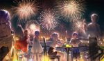  2boys 4girls arm_up armlet backlighting bare_shoulders black_hair bloom blue_eyes blue_hair blurry bokeh brown_hair can candle chair cityscape cocktail_glass cup depth_of_field dress dress_shirt drinking_glass fireworks high_heels highres holding holding_can long_hair looking_up luo_tianyi mo_qingxian multiple_boys multiple_girls night night_sky off_shoulder outdoors outstretched_arm ponytail purple_hair red_dress shirt short_sleeves sitting sky standing star_(sky) starry_sky table tidsean very_long_hair vocaloid vsinger white_dress white_hair white_shirt yanhe yuezheng_ling yuezheng_longya zhiyu_moke 
