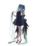  1girl absurdly_long_hair absurdres ankle_lace-up aqua_eyes aqua_hair back_bow bangs bare_legs black_bow black_dress black_footwear bow breasts commentary cross-laced_footwear dress full_body hair_flowing_over hair_ornament hair_over_shoulder hatsune_miku head_tilt highres holding holding_hair jitome long_hair looking_at_viewer shoes simple_background sleeveless sleeveless_dress small_breasts solo standing tiptoes twintails very_long_hair vocaloid white_background wrist_cuffs yukino030yu_ri 