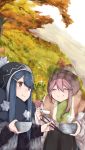  2girls :t absurdres autumn_leaves blue_hair bowl chopsticks closed_eyes commentary eating hat highres holding holding_bowl holding_chopsticks kagamihara_nadeshiko leadin_the_sky multiple_girls outdoors pink_hair scarf shima_rin smile violet_eyes winter_clothes yurucamp 