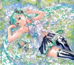  2girls :o =_= ahoge animal aqua_eyes aqua_hair armpits bare_arms bare_shoulders black_footwear black_legwear blush boots breasts chibi collared_shirt commentary dappled_sunlight day detached_sleeves feet_out_of_frame fish flood from_above green_eyes green_hair green_neckwear hair_ornament hair_spread_out happy hatsune_miku head_tilt headphones knee_up leaf long_hair looking_at_viewer lying mayo_riyo medium_breasts miniskirt moss multiple_girls navel necktie no_detached_sleeves on_back on_ground outstretched_arms partially_submerged pleated_skirt ribbon-trimmed_shirt shirt skirt sleeveless sleeveless_shirt smile spread_arms sunlight thigh-highs thigh_boots tree twintails under_tree very_long_hair vocaloid water zettai_ryouiki 