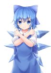  1girl blue_dress blue_eyes blue_hair bow cirno commentary_request cowboy_shot crossed_arms dress eyebrows_visible_through_hair hair_between_eyes hair_bow highres looking_at_viewer partial_commentary pinafore_dress puffy_short_sleeves puffy_sleeves resa_7z_(resastr) shirt short_sleeves simple_background smile solo standing thumbs_up touhou white_background white_shirt wings 