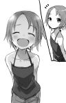  1girl :d ^_^ absurdres bangs bare_arms bare_shoulders blush camisole closed_eyes closed_mouth collarbone eyebrows_visible_through_hair greyscale highres looking_at_viewer monochrome multiple_views notice_lines open_mouth original pants parted_bangs short_hair simple_background smile white_background yamamoto_souichirou 