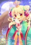  1girl :d bangs blonde_hair blush brown_wings character_request dango drill_hair eyebrows_visible_through_hair fan feathered_wings flower folding_fan food full_moon green_kimono hair_between_eyes hair_flower hair_ornament hands_up hat holding holding_fan holding_food japanese_clothes kimono kouu_hiyoyo long_hair long_sleeves looking_at_viewer moon night open_mouth outdoors puyopuyo red_eyes red_flower sanshoku_dango smile solo wagashi wide_sleeves wings 