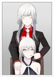  2girls ak-12_(girls_frontline) an-94_(girls_frontline) black_dress black_jacket blazer blue_eyes blush breasts business_suit closed_eyes closed_mouth dress eyebrows_visible_through_hair finger_to_mouth formal girls_frontline grey_background hand_on_shoulder highres jacket long_hair looking_away multiple_girls necktie platinum_blonde_hair red_shirt shirt silver_hair sitting smile solokitsune standing suit white_neckwear 