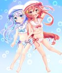  &gt;_&lt; 2girls :3 :d air_bubble alternate_costume arm_behind_head arm_up bangs bare_arms bare_legs bare_shoulders barefoot beret bikini blue_background blue_bow blue_eyes blue_hair blush bow brown_eyes bubble bunny_hair_ornament commentary_request crescent crescent_hair_ornament eyebrows_visible_through_hair fang gradient gradient_background hair_between_eyes hair_ornament hat kantai_collection locked_arms long_hair low-tied_long_hair multiple_girls navel open_mouth pink_bow red_bow redhead sailor_bikini sailor_collar shiruzu_(sills_ud) side-tie_bikini smile striped striped_bikini striped_bow swimsuit uzuki_(kantai_collection) very_long_hair white_bikini white_headwear white_sailor_collar yayoi_(kantai_collection) 