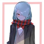  1girl aqua_hair blush borrowed_character closed_mouth hair_over_one_eye highres long_hair original pointy_ears red_eyes red_neckwear red_scarf ryou_(ponpgo) scarf simple_background sketch solo striped striped_scarf uniform upper_body 